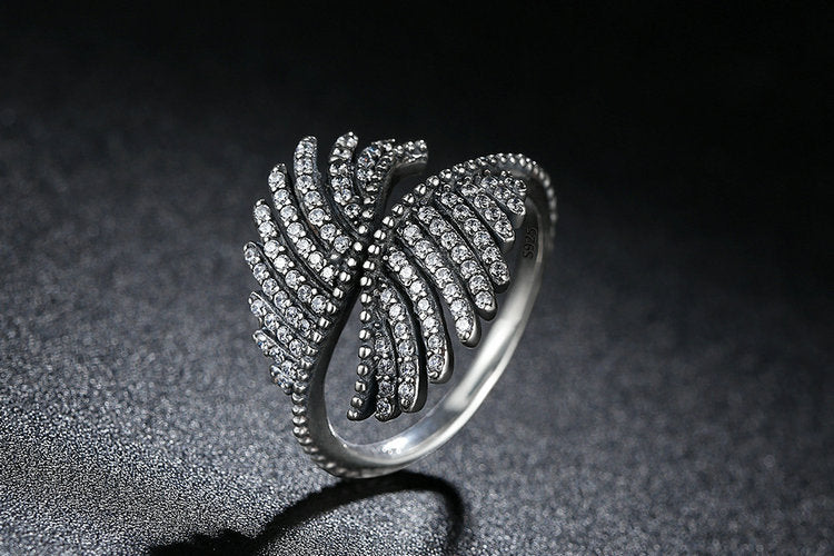 Majestic Sterling Silver Angel Feathers Ring with Clear Cubic Zirconia