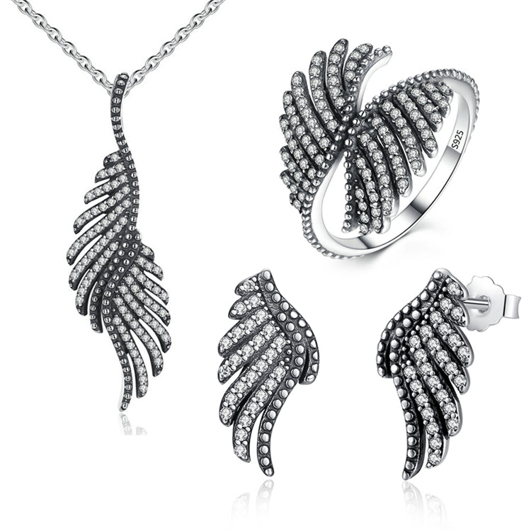 Majestic Sterling Silver Angel Feathers Set with Clear Cubic Zirconia